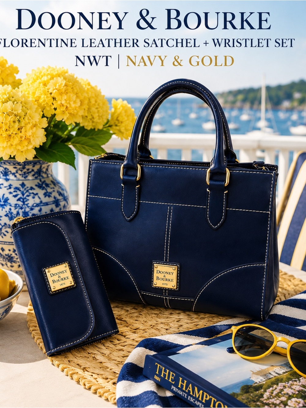 Dooney & Bourke Florentine Leather Satchel + Wristlet Set | NWT| Navy & Gold